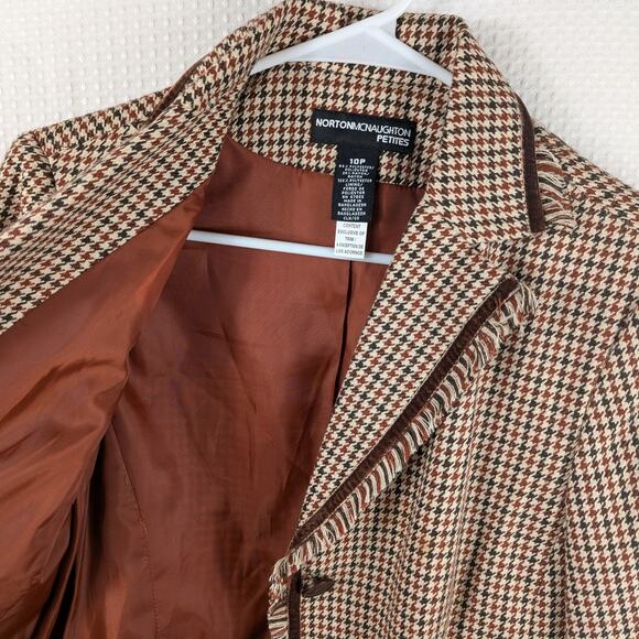 Norton McNaughton Petites 10P Brown Houndstooth Blazer Womens Fringe Trim Jacket - Picture 3 of 4